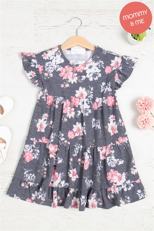 S8-7-2-PPD10552TK-BK - KIDS RUFFLE SHORT SLEEVE TIERED FLORAL DRESS- BLACK 1-1-1-1-1-1-1-1