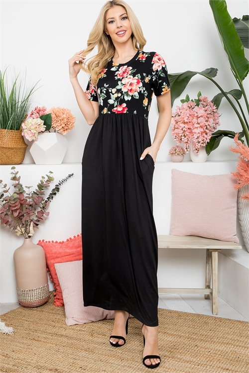 S8-3-2-PPD10557-BKBK - SHORT SLEEVE FLORAL TOP EMPIRE WAIST DRESS- BLACK-BLACK 1-2-2-2 (NOW $8.75 ONLY!)