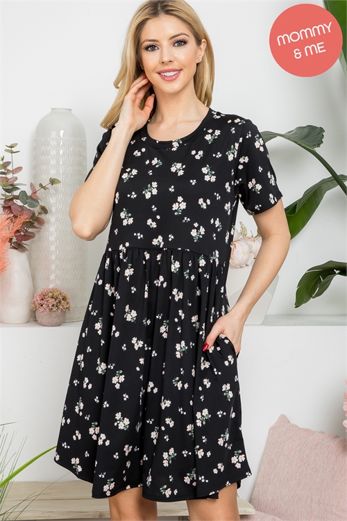 S5-7-1-PPD10561-BK - SHORT SLEEVE FLORAL SHIRRING WAIST DRESS- BLACK 1-2-2-2