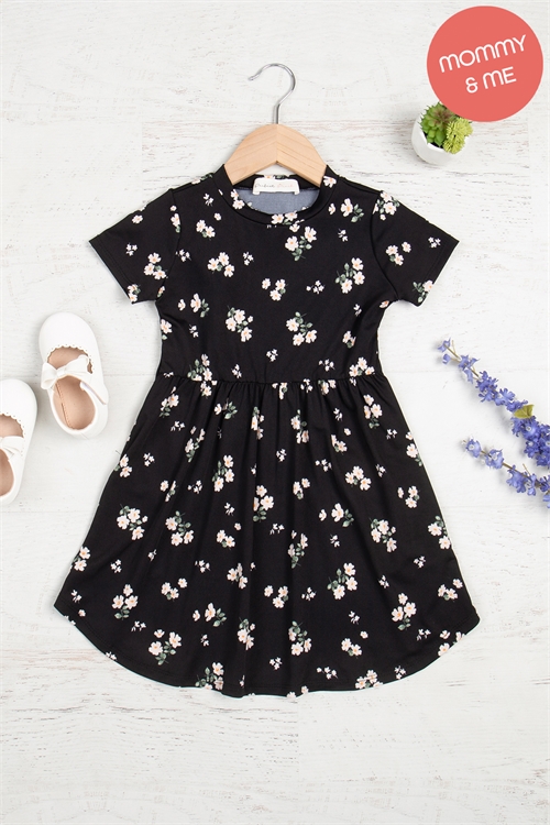 S11-1-3-PPD10561TK-BK - KIDS SHORT SLEEVE FLORAL SHIRRING WAIST DRESS- BLACK 1-1-1-1-1-1-1-1