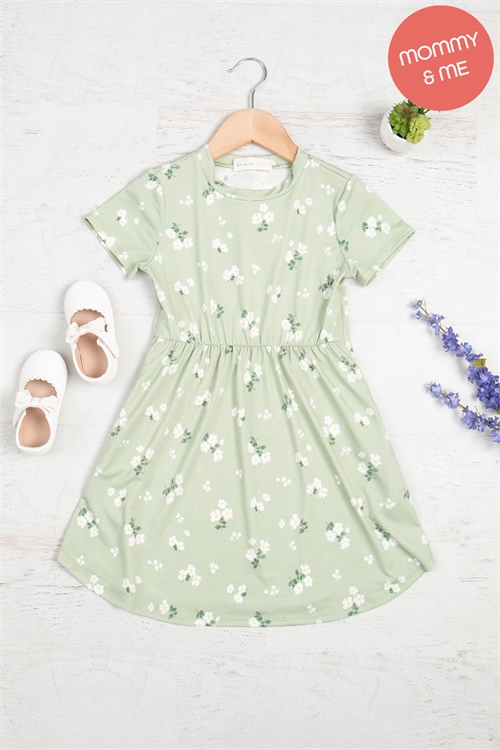 S12-2-5-PPD10561TK-SG-1 - KIDS SHORT SLEEVE FLORAL SHIRRING WAIST DRESS- SAGE 1-1-0-1-1-1-1-1