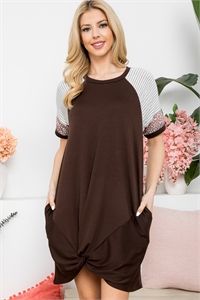 S12-7-1-PPD10564-BWN - STRIPE LEOPARD SHORT SLEEVE TWIST HEM DRESS- BROWN-HEATHER GREY-MOCHA 1-2-2-2 (NOW $3.50 ONLY!)