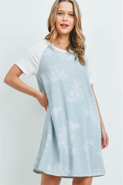 S11-8-2-PPD1057-SGIV - RAGLAN SLEEVES FLORAL PRINT TUNIC DRESS- SAGE/IVORY 1-2-2-2