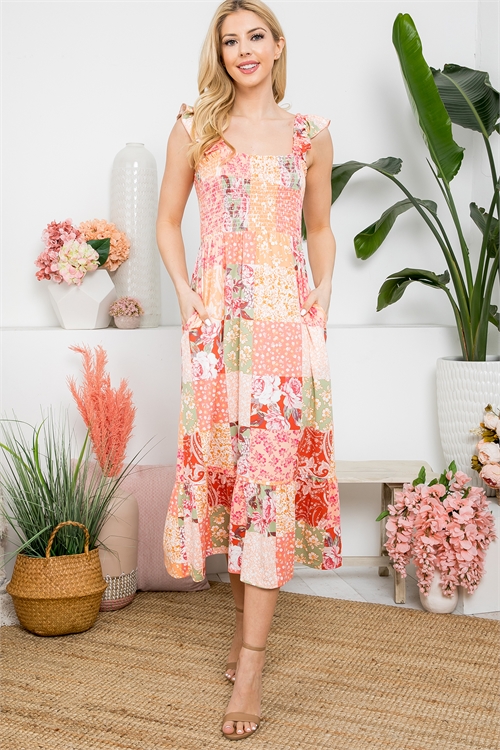 S6-10-4-PPD10575-SGCRL - RUFFLE STRAPS FLORAL PATCHES MIDI SMOCKED DRESS- SAGE/CORAL 1-2-2-2 (NOW $9.75 ONLY!)