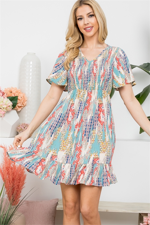 S15-2-3-PPD10577-DSTMNT - BUTTERFLY SLEEVE V-NECK WOVEN DRESS- DUSTY MINT/NAVY/CORAL 1-2-2-2