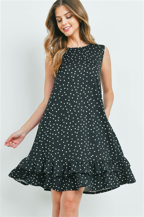 S10-16-4-PPD1058-BKWT-1 - POLKA DOT  SLEEVELESS LAYARED RUFFLED HEM DRESS- BLACK WHITE 0-1-1-2