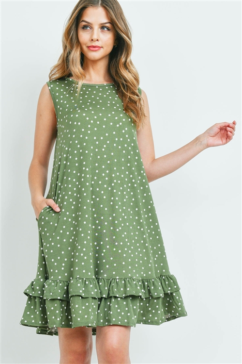 S10-16-4-PPD1058-OVCB-1 - POLKA DOT  SLEEVELESS LAYARED RUFFLED HEM DRESS- OLIVE COMBO 0-1-1-2