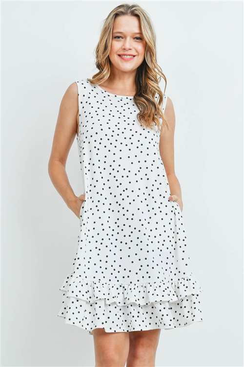 S10-16-4-PPD1058-WTBK-1 - POLKA DOT  SLEEVELESS LAYARED RUFFLED HEM DRESS- WHITE BLACK 0-2-2-1