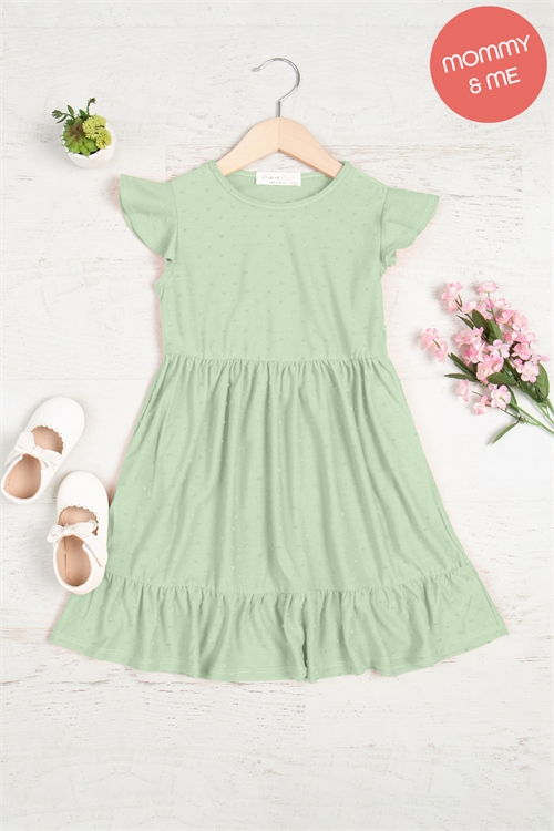 S11-9-3-PPD10580TK-SGLT - KIDS SWISS DOT RUFFLE CAP SLEEVE ABOVE KNEE DRESS- SAGE LIGHT 1-1-1-1-1-1-1-1