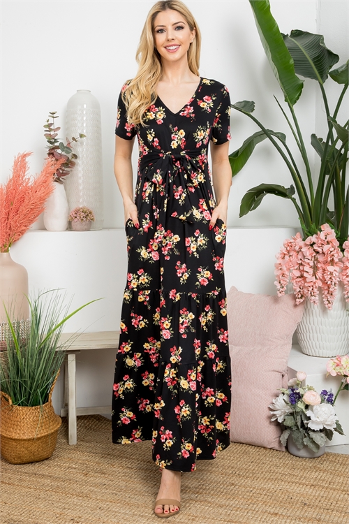 S8-11-2-PPD10581-BK - FLORAL PLUNGING NECKLINE RIBBON DETAIL MAXI DRESS- BLACK 1-2-2-2 (NOW $4.75 ONLY!)