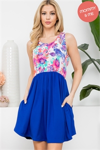 S14-3-2-PPD10582-RYLIV - PAINTERLY FLORAL TANK TOP SOLID SKIRT DRESS- ROYAL-IVORY 1-2-2-2 (NOW $7.25 ONLY!)