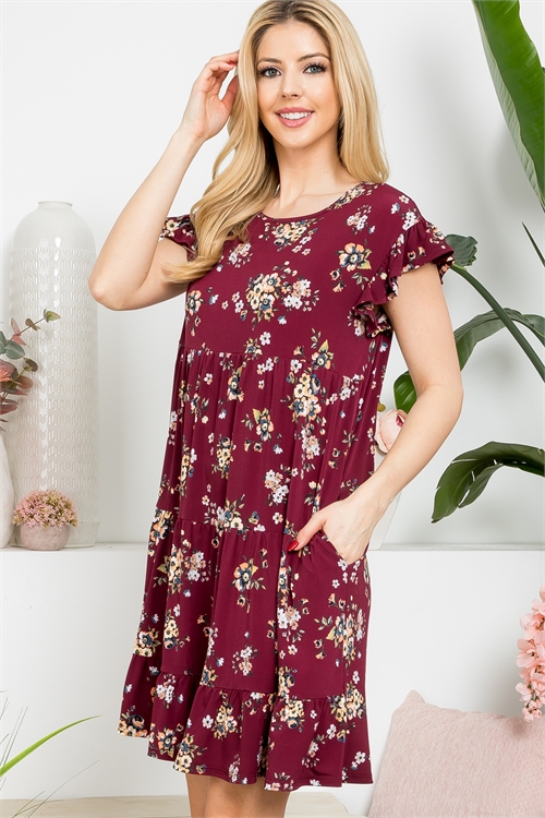 S10-7-2-PPD10583-BU - FLORAL RUFFLE SHORT SLEEVE ABOVE KNEE DRESS- BURGUNDY 1-2-2-2 (NOW $8.75 ONLY!)
