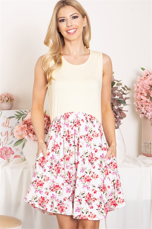 S9-1-1-PPD10588-IVBNN - SOLID TANK TOP FLORAL SKIRT ABOVE KNEE DRESS- IVORY-BANANA 1-2-2-2 (NOW $6.75 ONLY!)