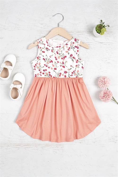 S4-3-3-PPD10589TK-BRNTCRLIV - KIDS FLORAL TANK TOP SOLID SKIRT ABOVE KNEE DRESS- BURNT CORAL-IVORY 1-1-1-1-1-1-1-1