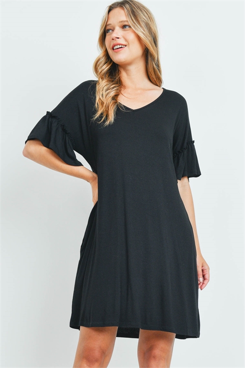 S13-7-1-PPD1059-BK - RUFFLE SLEEVES V-NECK POCKET DRESS- BLACK 1-2-2-2