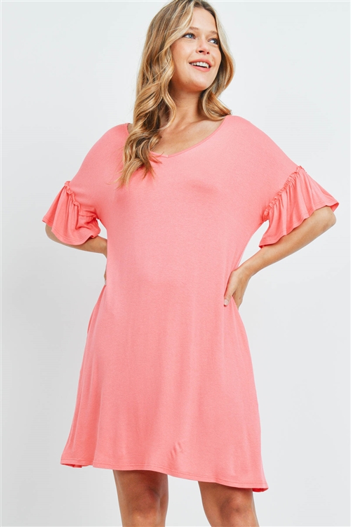 S15-11-1-PPD1059-CRL-1 - RUFFLE SLEEVES V-NECK POCKET DRESS- CORAL 0-1-1-2