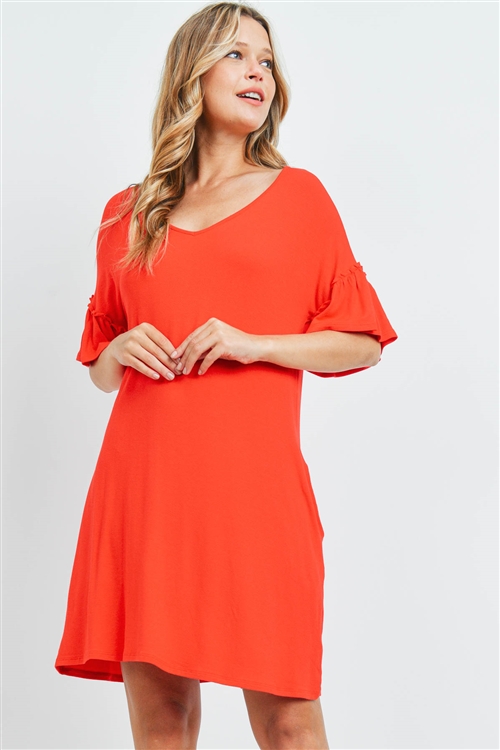 S15-11-1-PPD1059-LTRD-1 - RUFFLE SLEEVES V-NECK POCKET DRESS- LIGHT RED 0-1-2-2