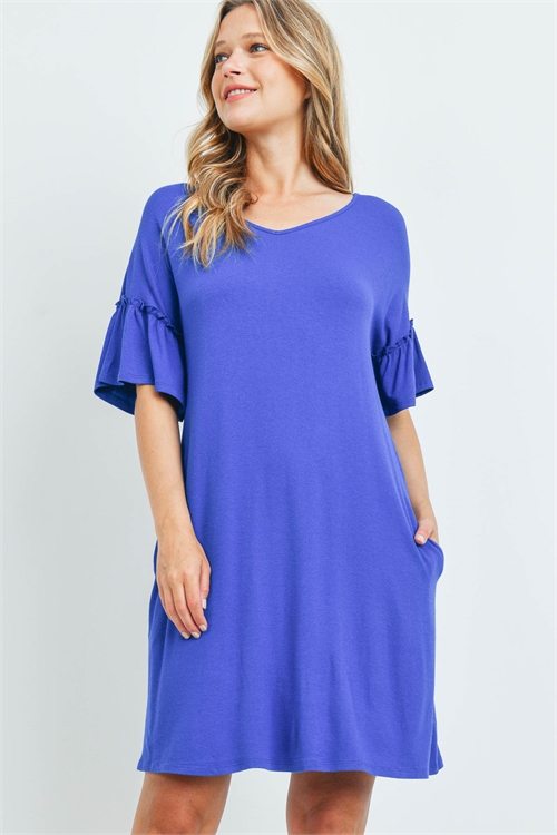 S7-1-1-PPD1059-RYLBL - RUFFLE SLEEVES V-NECK POCKET DRESS- ROYAL BLUE 1-2-2-2