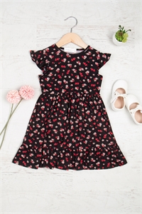 S10-10-3-PPD10590TK-BK-1 - KIDS FLORAL RUFFLED SLEEVE AND HEM DRESS- BLACK 1-0-0-1-0-1-1-0