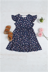 S10-10-3-PPD10590TK-NV-1 - KIDS FLORAL RUFFLED SLEEVE AND HEM DRESS- NAVY 1-1-0-1-1-1-1-1