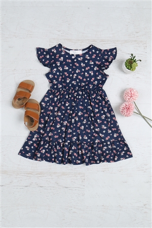 S10-10-3-PPD10590TK-NV-1 - KIDS FLORAL RUFFLED SLEEVE AND HEM DRESS- NAVY 1-1-0-1-1-1-1-1