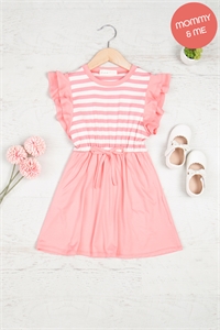 S9-9-4-PPD10595TK-IVSTBYMV-1 - KIDS LAYERED RUFFLE CAP SLEEVE STRIPE TOP DRESS- IVORY/STRAWBERRY ICE-MAUVE 1-0-0-1-1-1-1-1