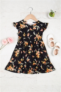 S9-9-4-PPD10599TK-BKPCH-1 - KIDS RUFFLED SLEEVE AND HEM FLORAL DRESS- BLACK/PEACH 1-1-0-1-1-1-0-0