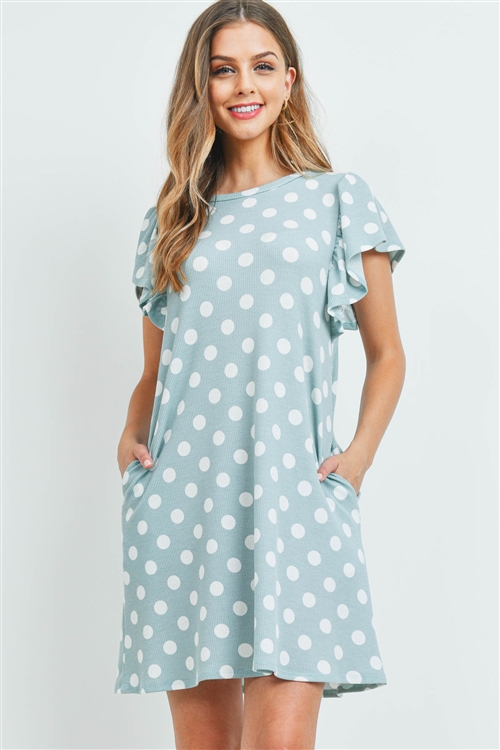 S17-11-3-PPD1060-MNTOFW-1 - CAP SLEEVE POLKA DOT PRINT POCKET RIB DRESS- MINT/OFF-WHITE 4-0-0-0