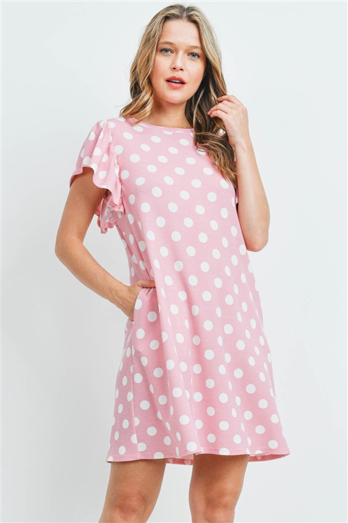 S11-2-4-PPD1060-PKOFW - CAP SLEEVE POLKA DOT PRINT POCKET RIB DRESS- PINK/OFF-WHITE 1-2-2-2 (NOW $2.75 ONLY!)