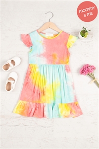 S9-20-3-PPD10603TK-BLYLWPK-1 - KIDS CAP SLEEVE TIE DYE DRESS - MAGENTA YELLOW  1-1-0-1-1-1-0-1