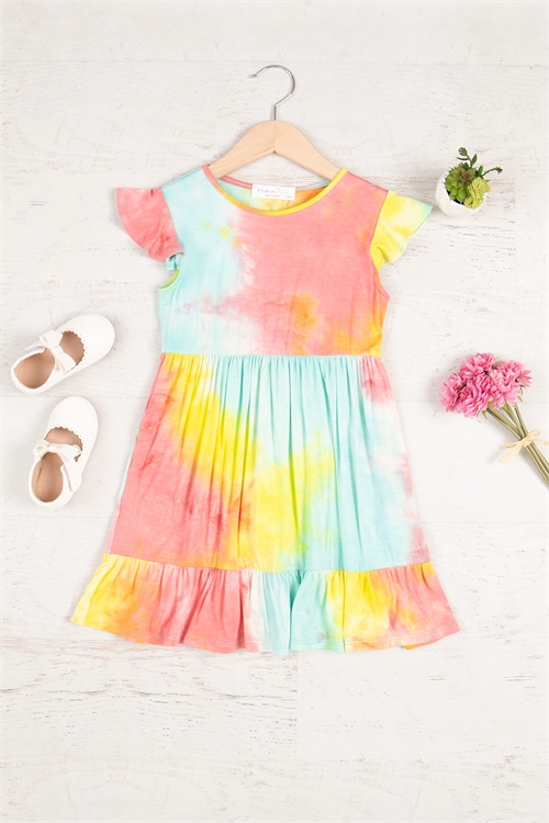 S8-7-4-PPD10603TK-BLYLWPK - KIDS CAP SLEEVE TIE DYE DRESS- BLUE YELLOW PINK 1-1-1-1-1-1-1-1