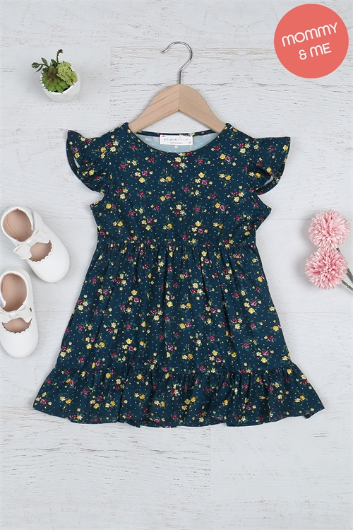 S8-1-3-PPD10604TK-HNTRMU - KIDS RUFFLE CAP SLEEVE FLORAL DRESS- HUNTER MUSTARD 1-1-1-1-1-1-1-1