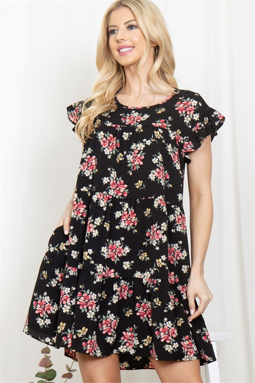 S12-3-2-PPD10619-BK-1 - FLORAL RUFFLE CAP SLEEVE TIERED DRESS- BLACK 1-2-1-1