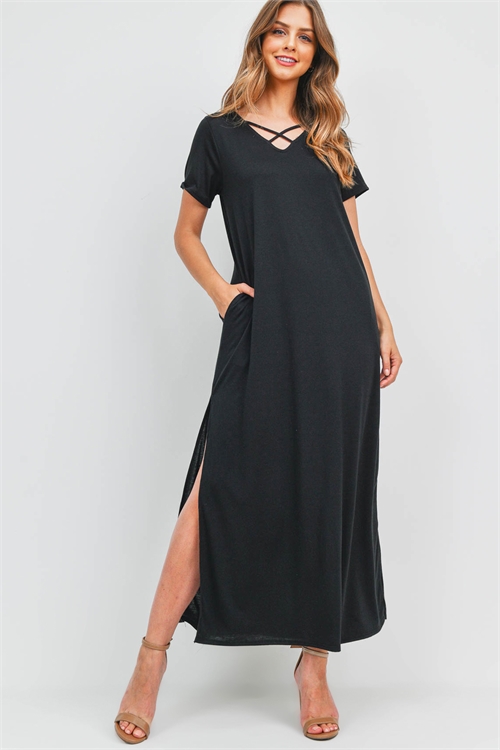 S6-9-1-PPD1062-BK - CRISS CROSS NECK SHORT SLEEVE MAXI POCKET DRESS- BLACK 1-2-2-2