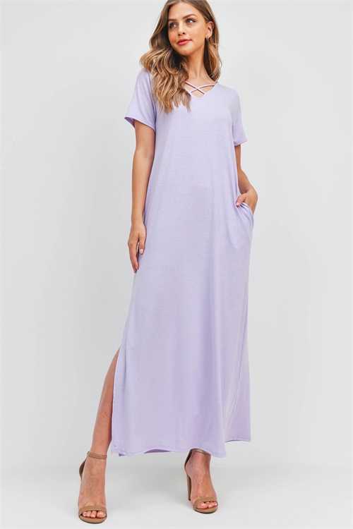 S13-5-2-PPD1062-LVDSL - CRISS CROSS NECK SHORT SLEEVE MAXI POCKET DRESS- LAVENDER SAIL 1-2-2-2