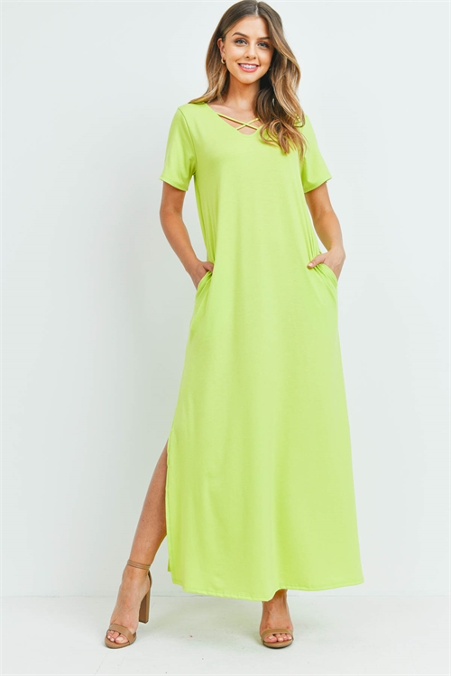 S15-8-2-PPD1062-VLM - CRISS CROSS NECK SHORT SLEEVE MAXI POCKET DRESS- VINTAGE LIME 1-2-2-2