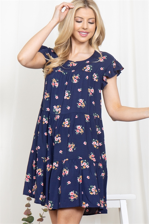 S10-20-2-PPD10620-NV-1 - FLORAL RUFFLE CAP SLEEVE TIERED DRESS- NAVY 1-0-2-1