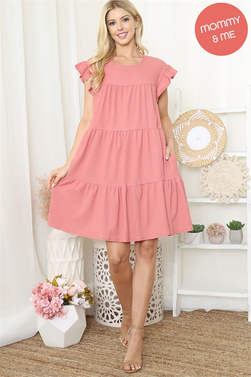 S11-18-3-PPD10626-PCH-1 - RUFFLE CAP SLEEVE TIERED CREPE DRESS- PEACH 0-2-1-1