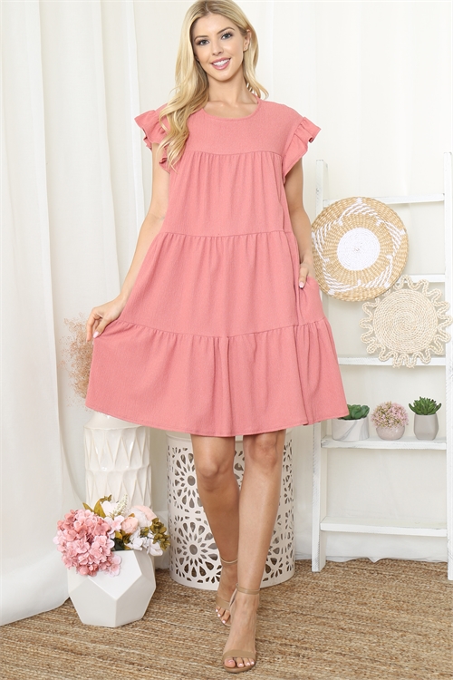 S10-6-1-PPD10626-PCH - RUFFLE CAP SLEEVE TIERED CREPE DRESS- PEACH 1-2-2-2