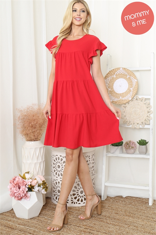 S10-3-1-PPD10626-RD - RUFFLE CAP SLEEVE TIERED CREPE DRESS- RED 1-2-2-2