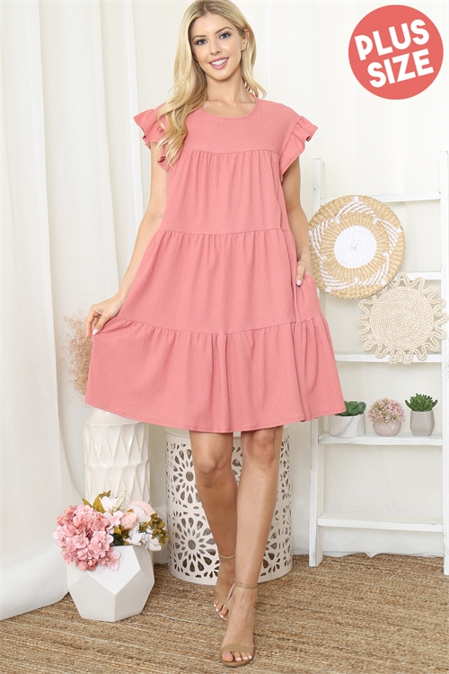 S15-8-1-PPD10626X-PCH - PLUS SIZE RUFFLE CAP SLEEVE TIERED CREPE DRESS- PEACH 3-2-1