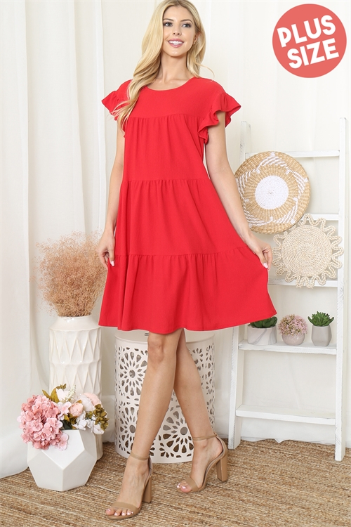 S10-18-1-PPD10626X-RD - PLUS SIZE RUFFLE CAP SLEEVE TIERED CREPE DRESS- RED 3-2-1