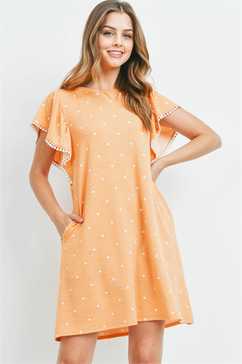 S15-8-3-PPD1063-MRGDWT-1 - POMPOM DETAIL SLEEVES POLKA DOT POCKET DRESS- MARIGOLD/WHITE 3-0-0-0