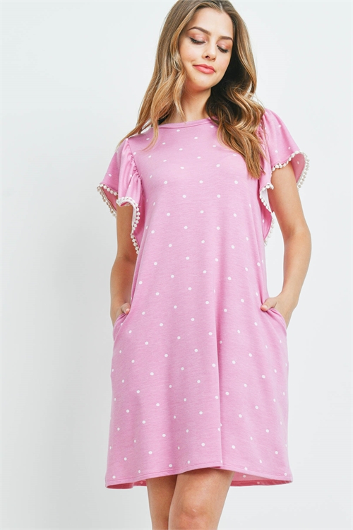 S15-8-3-PPD1063-MVWT-1 - POMPOM DETAIL SLEEVES POLKA DOT POCKET DRESS- MAUVE/WHITE 3-0-0-0