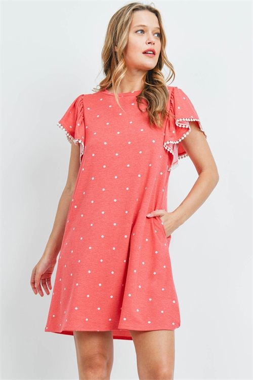 S16-10-4-PPD1063-RDWT-1 - POMPOM DETAIL SLEEVES POLKA DOT POCKET DRESS- RED/WHITE 1-2-2-1