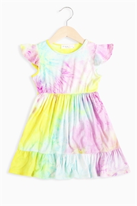 S8-8-4-PPD10634TK-MGTYLW - GIRLS TIE-DYE RUFFLE SLEEVE TIERED DRESS - MAGENTA YELLOW 1-1-1-1-1-1-1-1