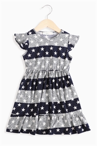 S8-9-3-PPD10637TK-NV - GIRLS STAR STRIPE RUFFLE SLEEVE TIERED DRESS - NAVY 1-1-1-1-1-1-1-1