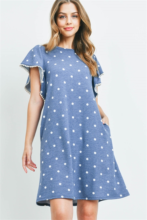 S16-10-4-PPD1064-NVWT-1 - POLKA DOT POMPOM DETAIL SLEEVES POCKET DRESS- NAVY/WHITE 0-2-2-2