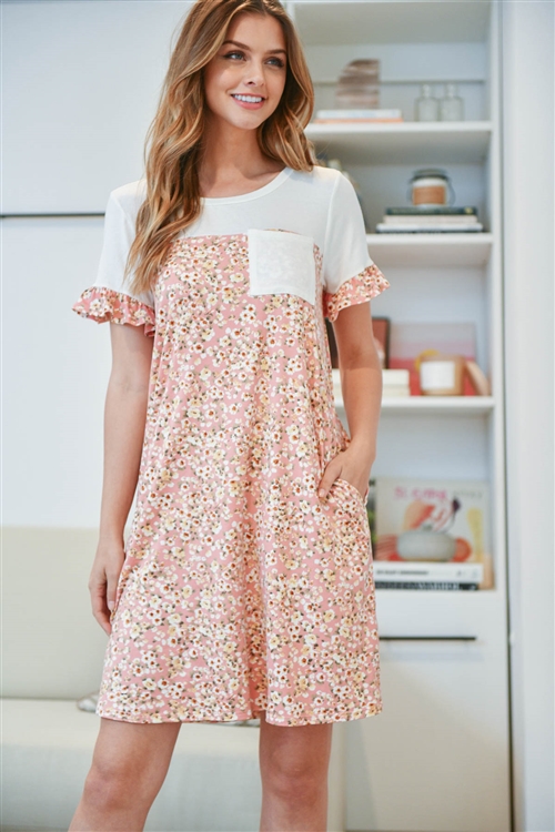 S15-5-1-PPD1067-IVBLS - FLORAL CONTRAST RUFFLE SLEEVES POCKET DRESS- IVORY/BLUSH 1-2-2-2