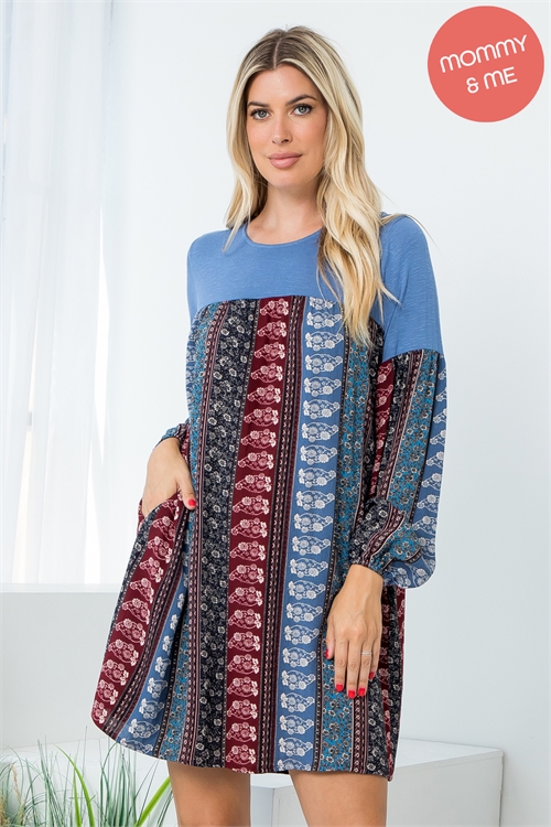 S14-4-1-PPD10678-DNM - LONG SLEEVE FLORAL CREPE CONTRAST TUNIC DRESS- DENIM 1-1-1-1 (NOW $6.75 ONLY!)